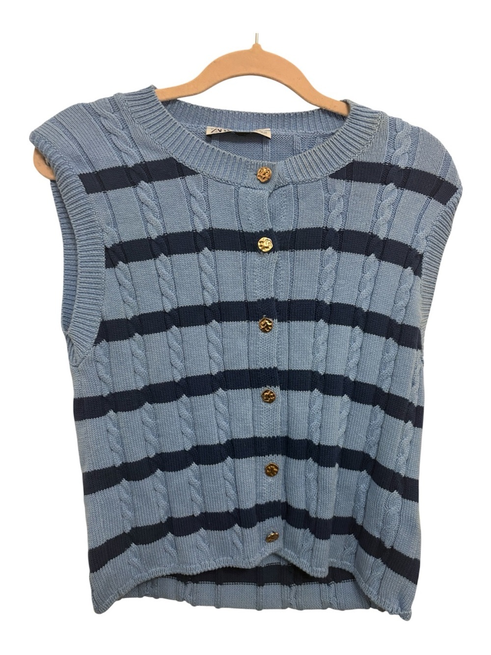 Zara Light Blue & Navy Striped Cable Knit Button Vest